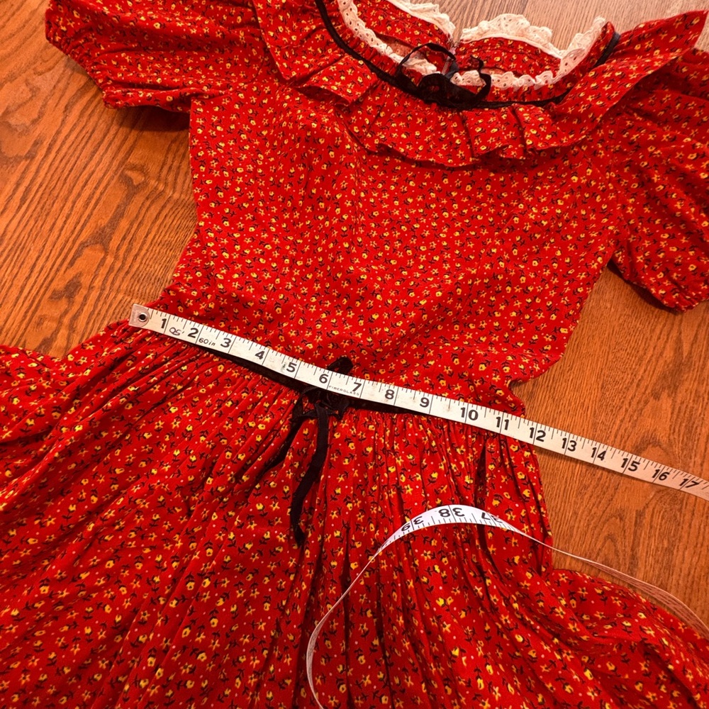 Vintage Custom Red Chintz Floral Square Dance Dress Ruffles & Ribbons Circle S - Picture 6 of 9